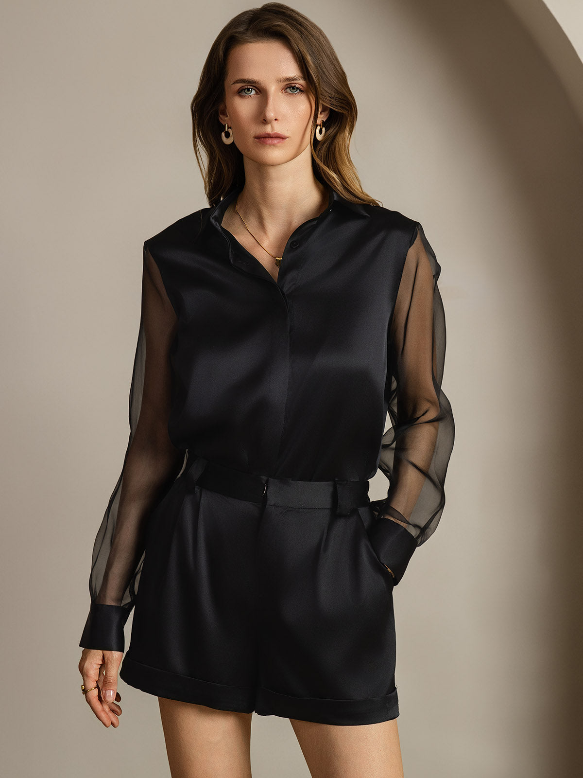 [Black] SilkSilky-AU 19Momme Silk Lapel Collar Women's Shirt 005