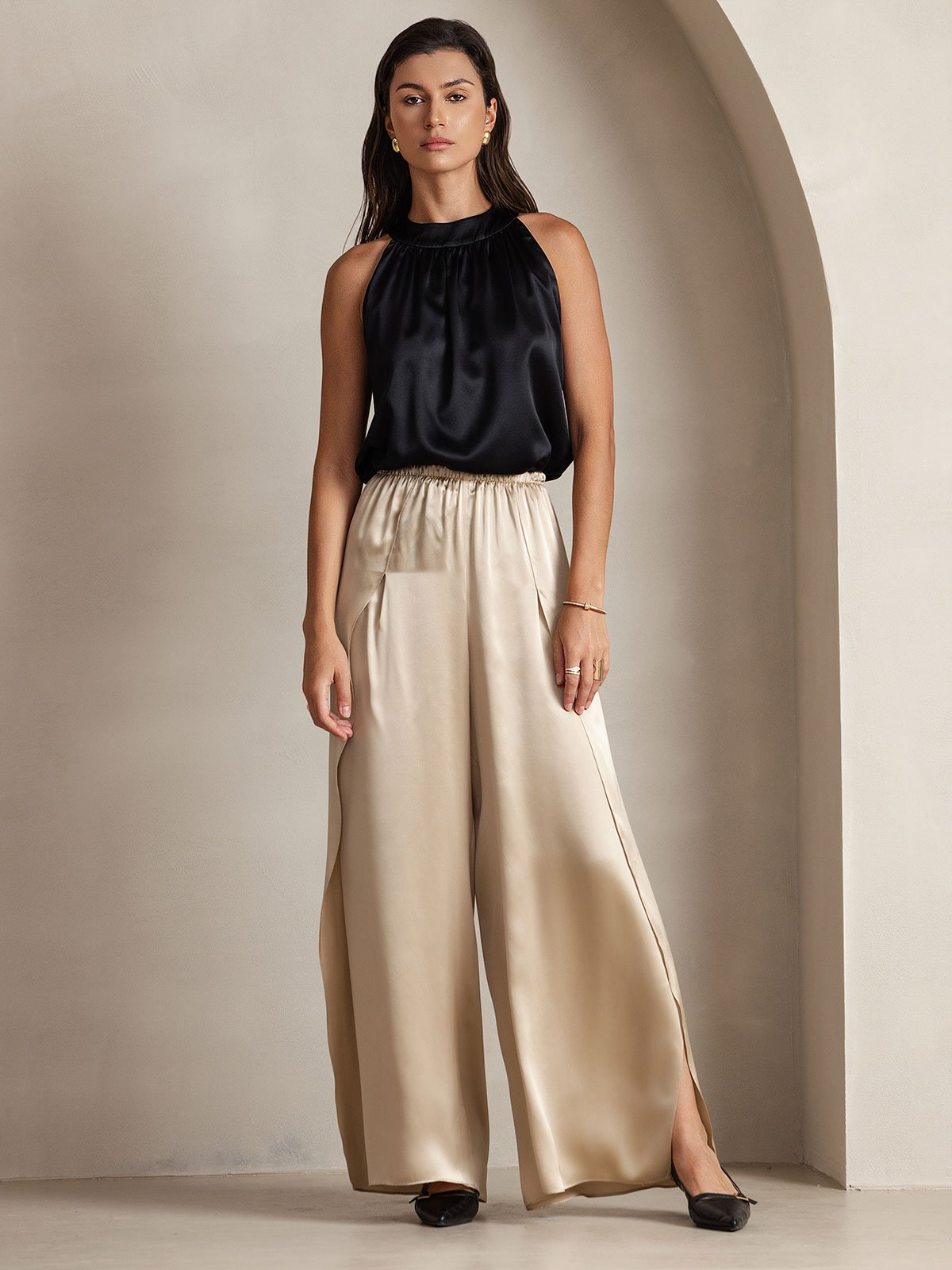 [Black] SilkSilky-AU 19Momme Silk Sleeveless Halter Neck Women's T-Shirt 006