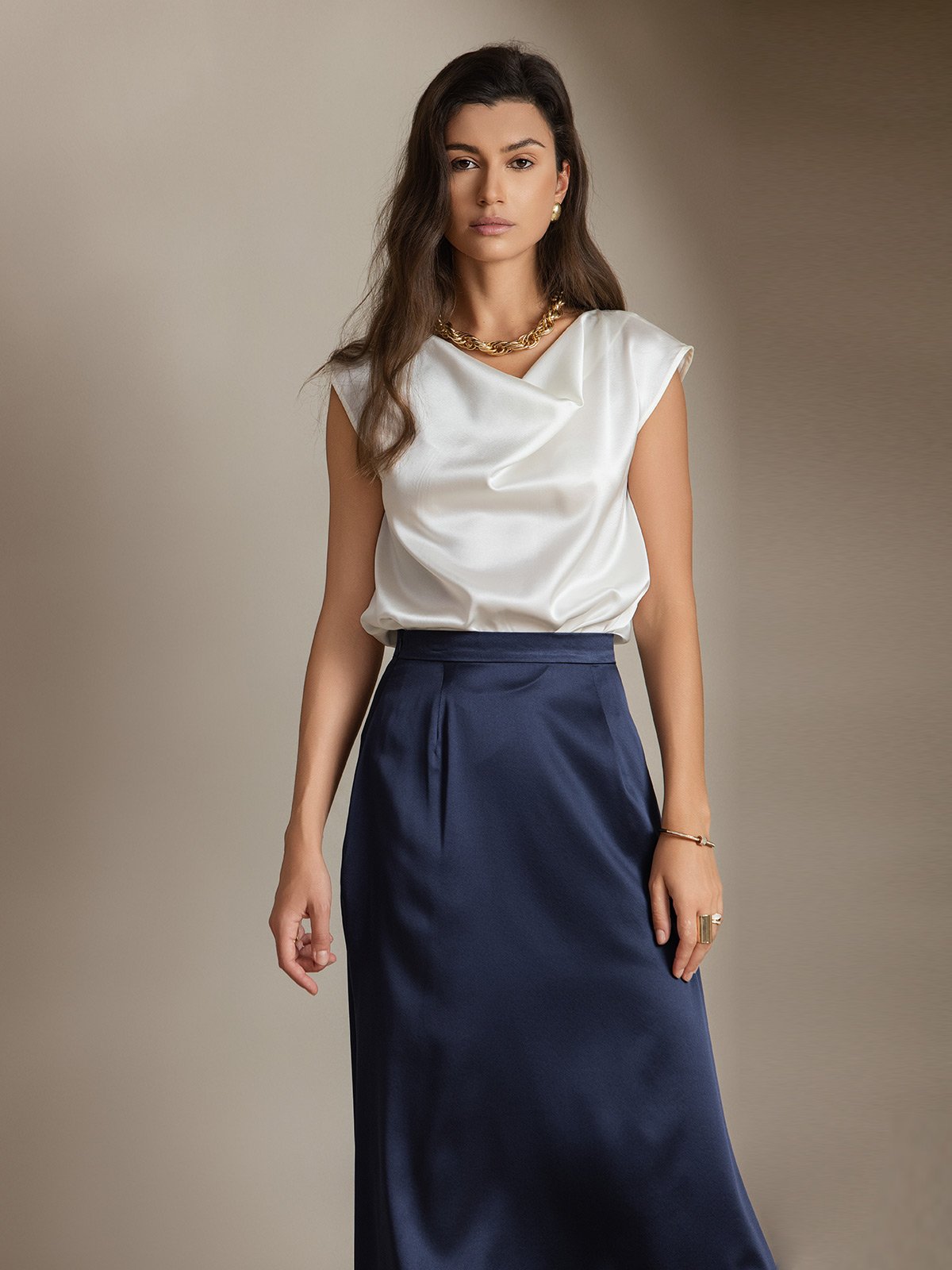 [White] SilkSilky-AU 19Momme Silk Sleeveless Cowl Neck Women's T-Shirt 008