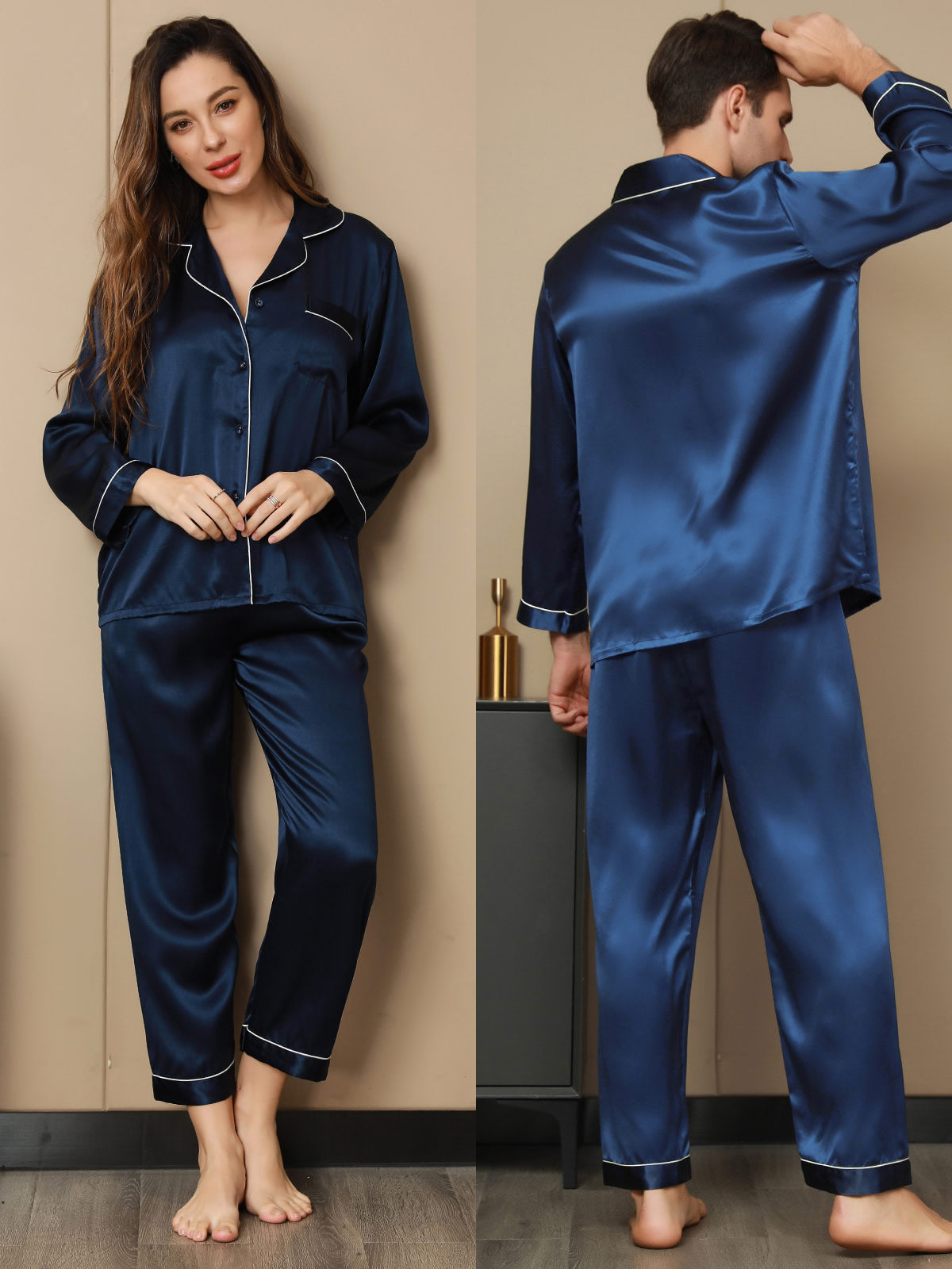 Couple Pure Silk Pajama Sets Total 4Pcs