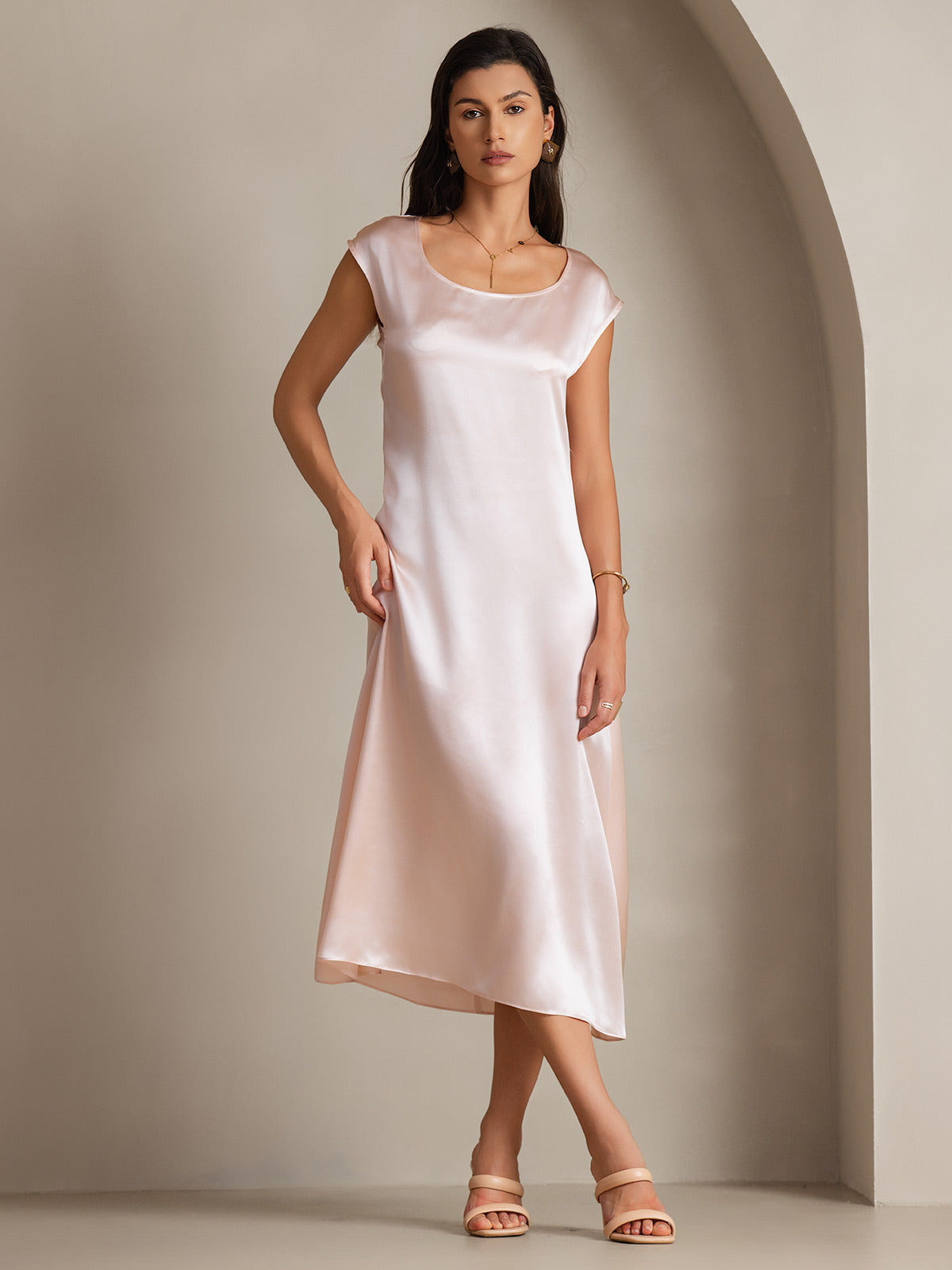 SilkSilky-AU 19Momme Silk Sleeveless Round Neck Dress Pink 002