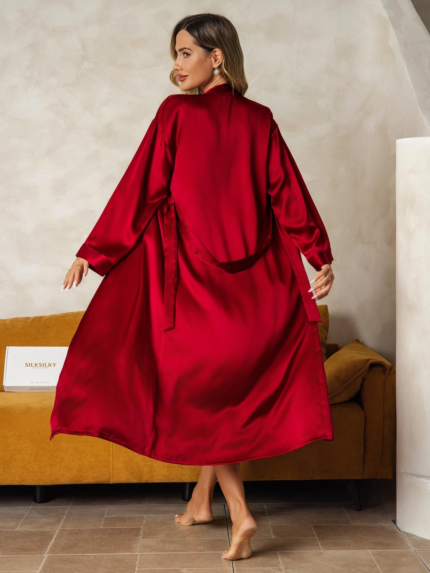 [Wine] SilkSilky-AU Pure Silk V Neck Nightgown&Dressing Gown Set 003