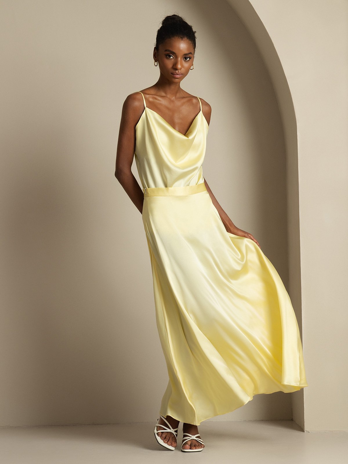 [Light Yellow] SilkSilky-AU 19Momme Silk Knitted Cowl Neck Women''s Outfit Sets 006,