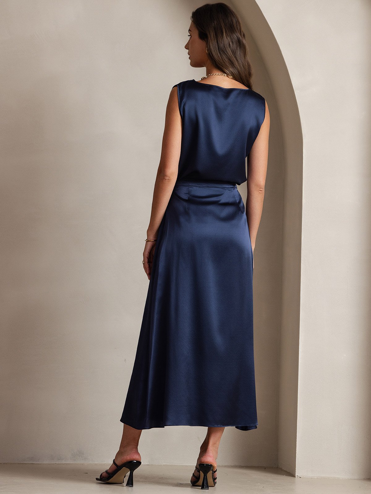 [Dark Blue] SilkSilky-AU 19Momme Stretch Silk Charmeuse Skirt 004