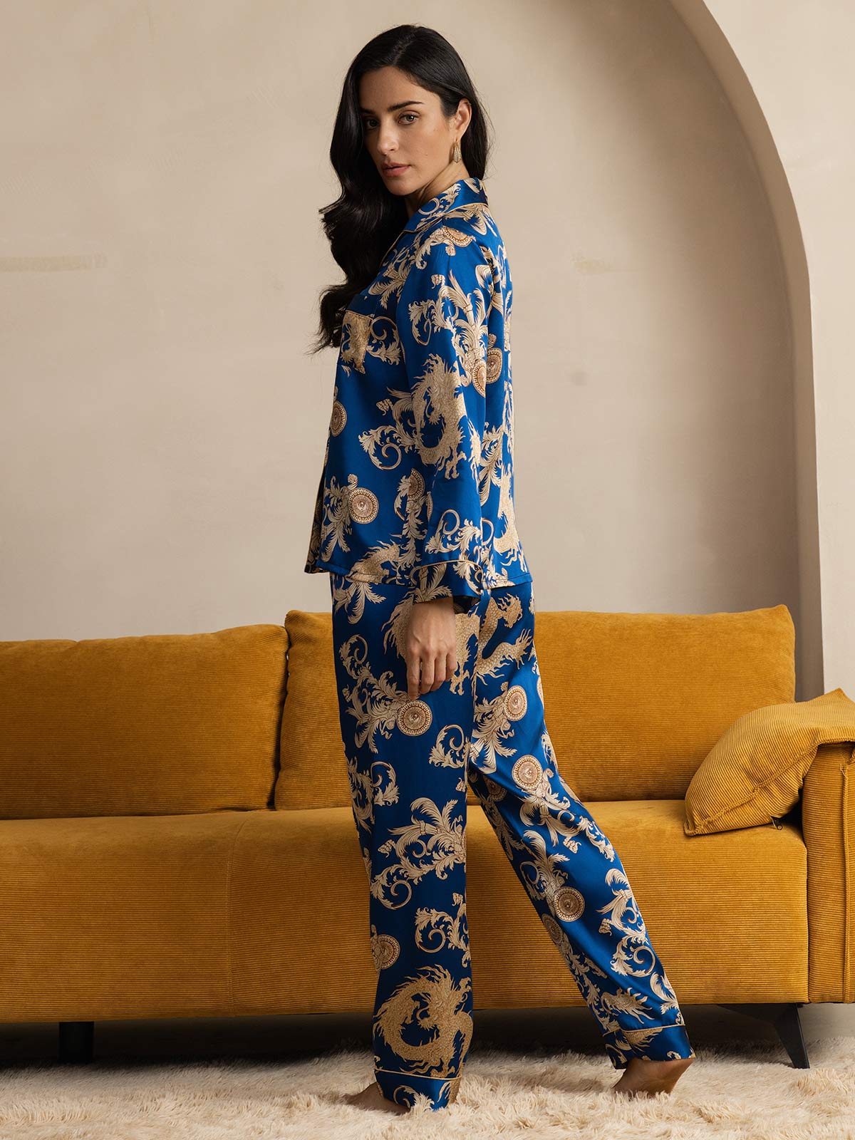 SilkSilky-AU Pure Silk Long Sleeve Lapel Women's Pyjamas Blue 002