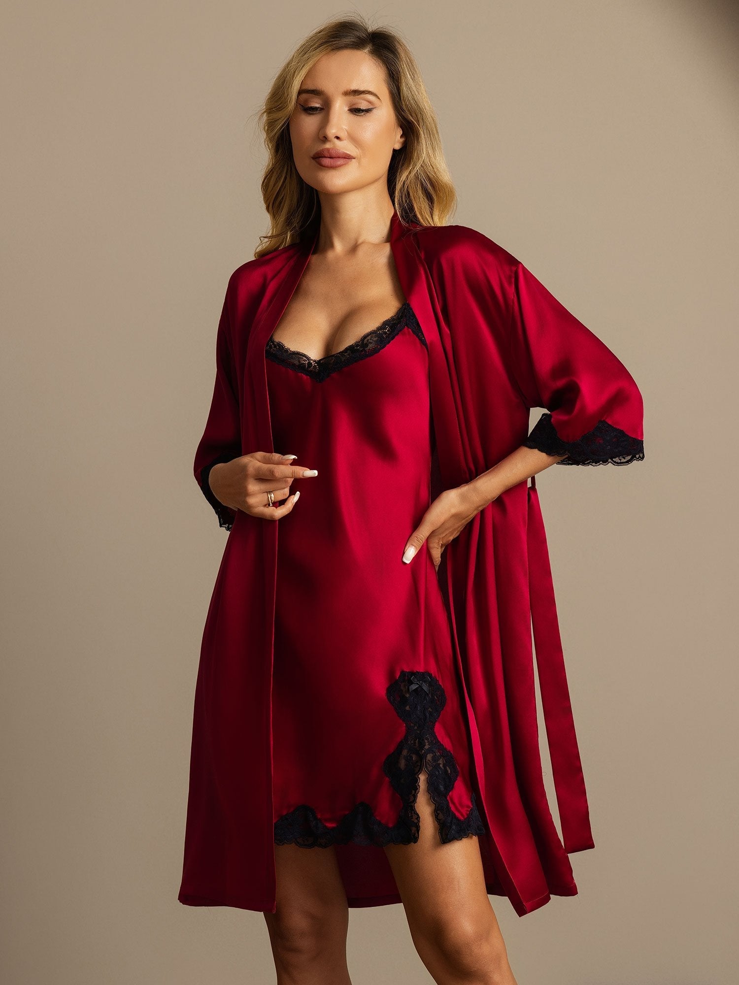 [Wine] SilkSilky-AU Pure Silk V Neck Nightgown&Dressing Gown Set 003