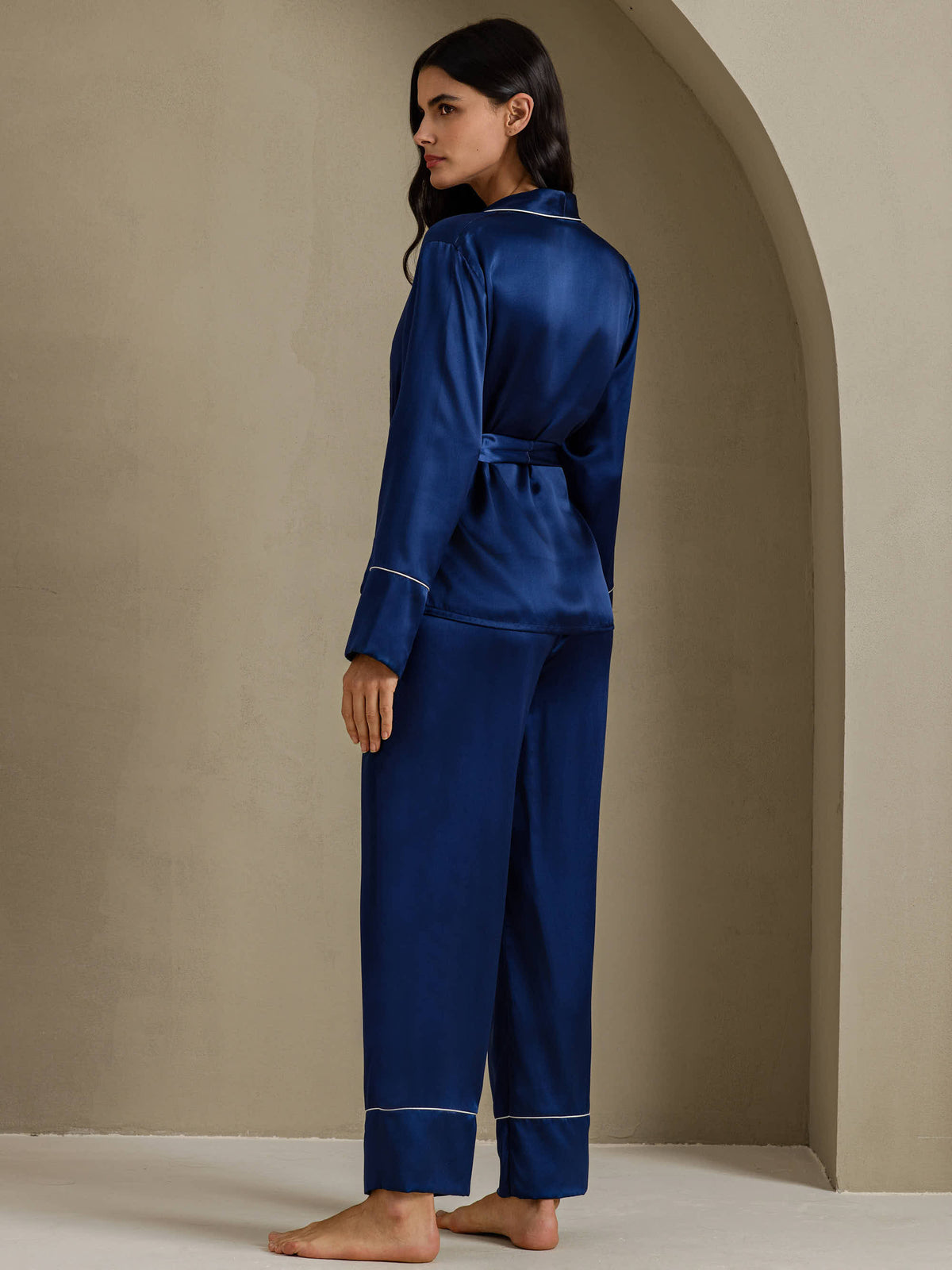 [Dark Blue] SilkSilky-AU Long Sleeve Shawl Collar Women's Pyjamas 002