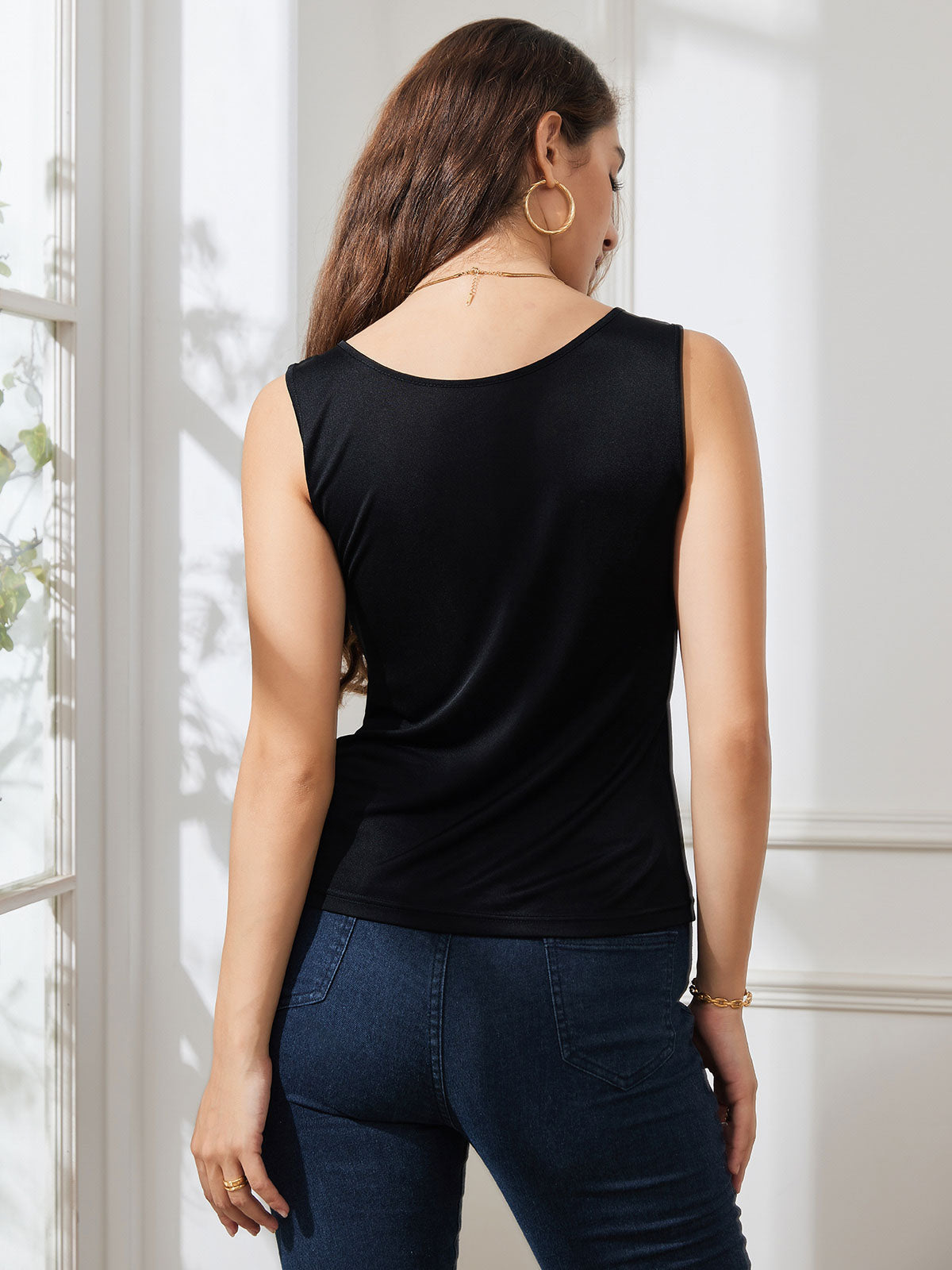 SilkSilky AU Silk Knitted Sleeveless Round Neck Women's T Shirt Black 002