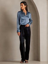 [Real Teal] SilkSilky-AU Long Sleeve Lapel Collar Women's Shirt 003