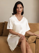[Beige] SilkSilky-AU Half Sleeve V Neck Nightgown 006