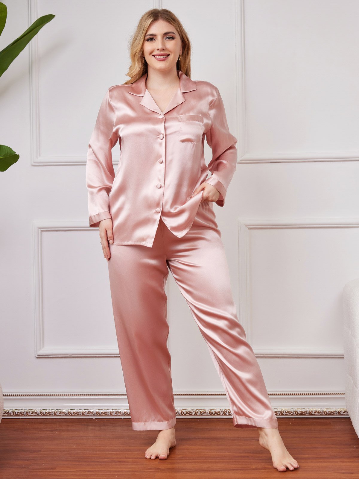 SilkSilky AU Pure Silk Long Sleeve Lapel Plus Size Pyjamas Pink 001