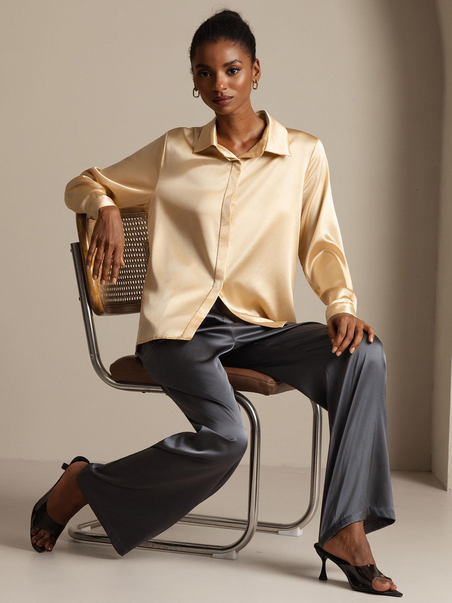 [Champagne] SilkSilky-AU 19Momme Silk Lapel Collar Women's Shirt 008