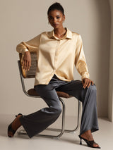 [Champagne] SilkSilky-AU 19Momme Stretch Silk Charmeuse Long Sleeve Lapel Collar Women's Shirt 009