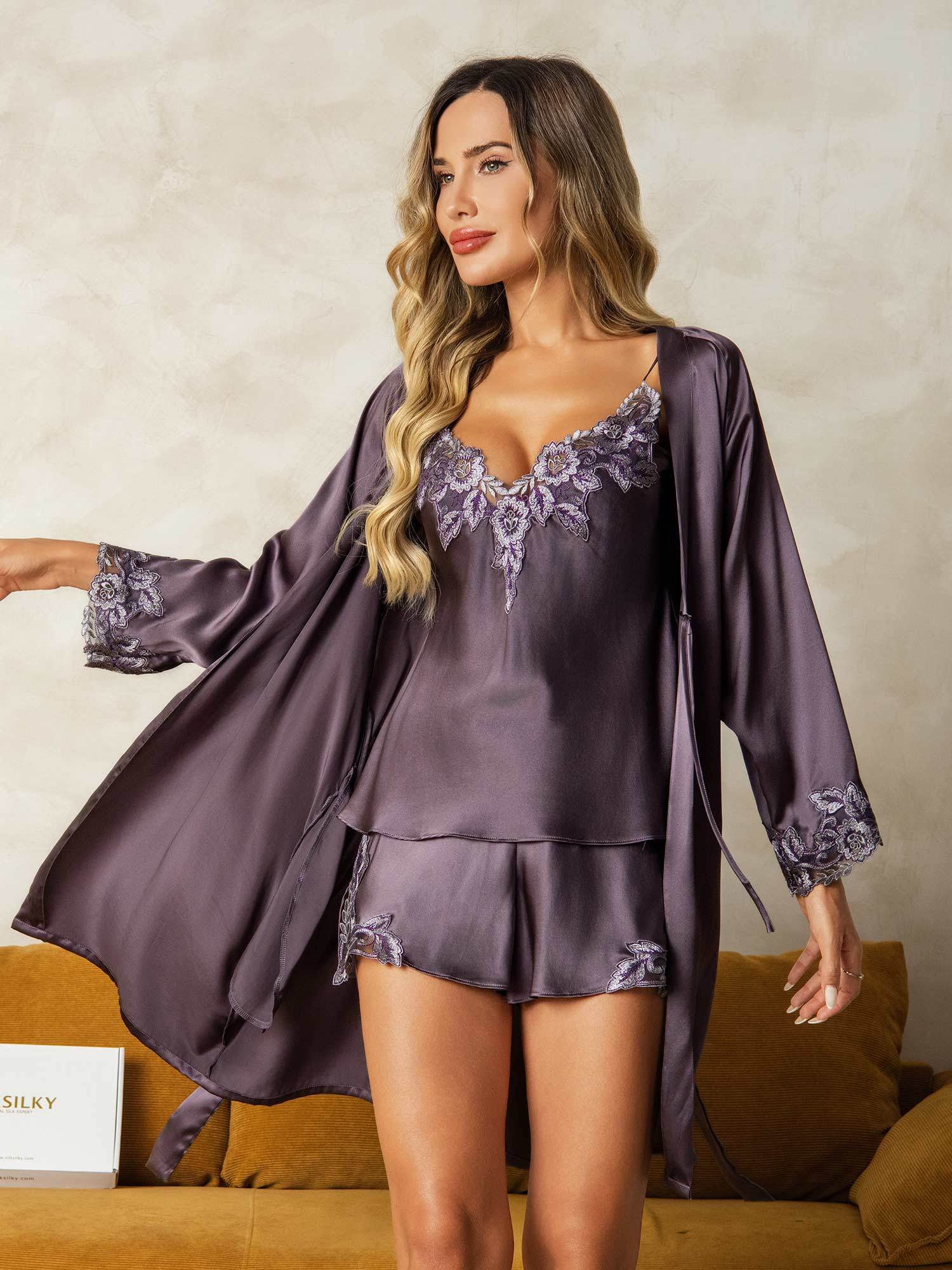 [Purple Gray] SilkSilky-AU Pure Silk 3/4 Sleeve V Neck Women's Pyjamas 001