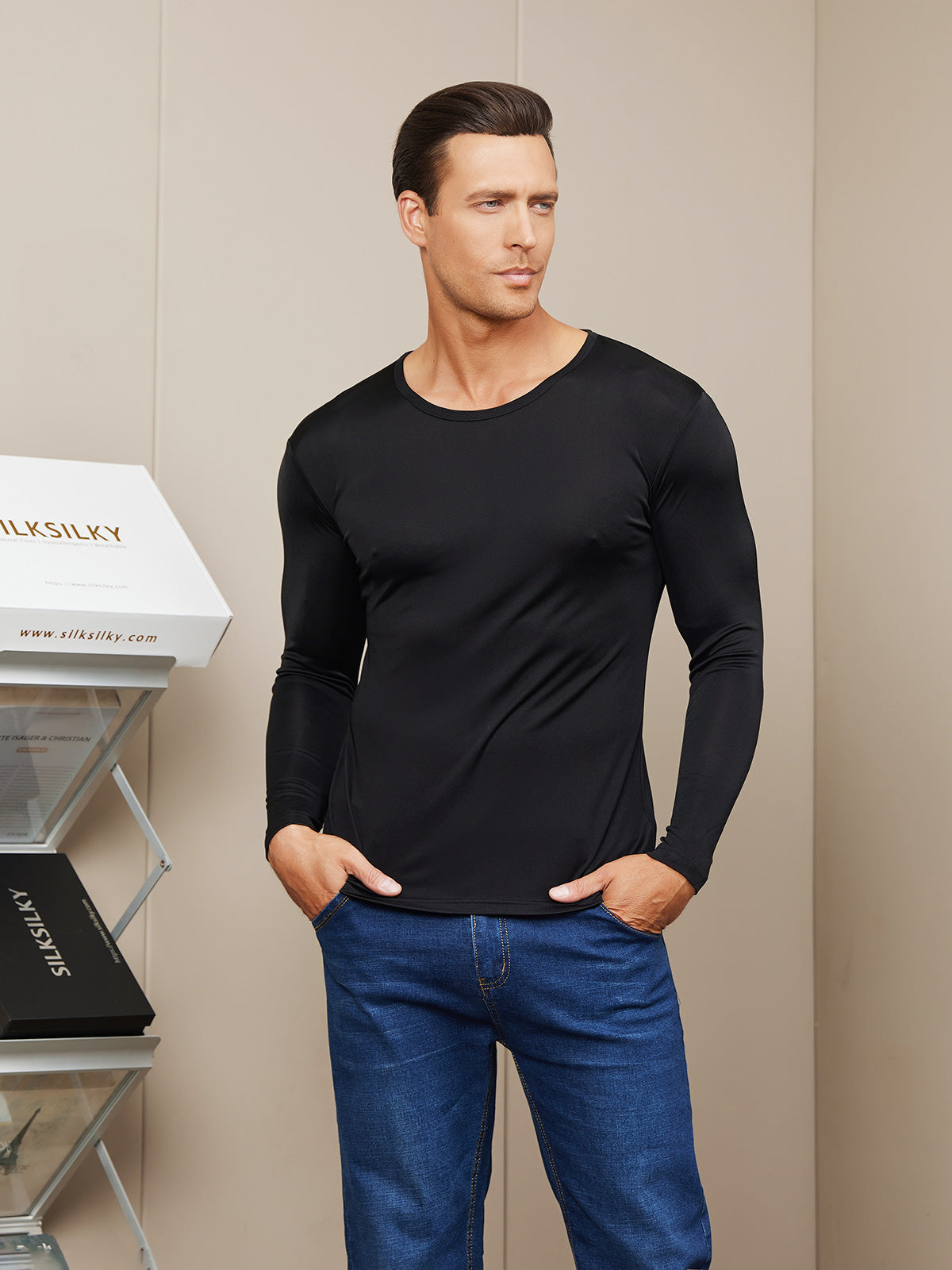 SilkSilky AU Silk Knitted Long Sleeve Round Neck Men's T Shirt Black 003