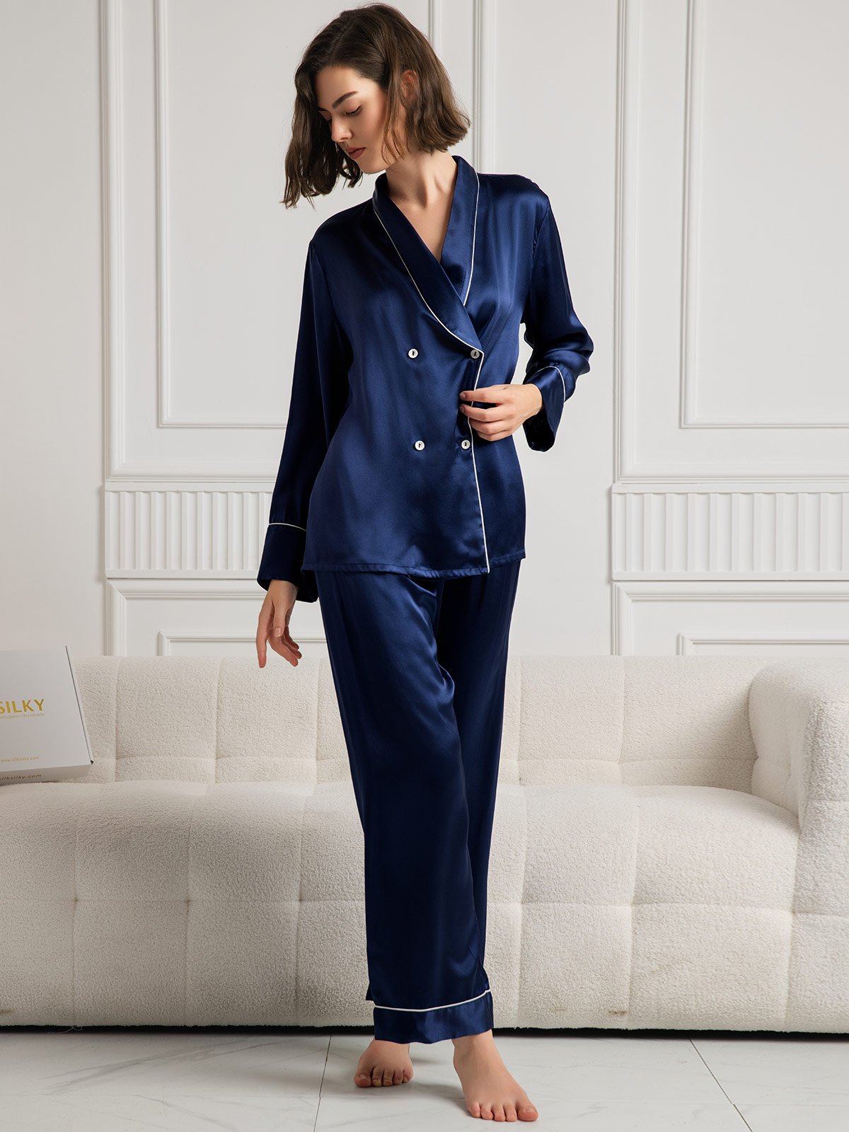 SilkSilky-AU Pure Silk Long Sleeve V Neck Women's Pyjamas DarkBlue 004