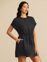 [Black] SilkSilky-AU 18Momme Silk Satin Surah Cap Sleeve Henley Neck Dress 001