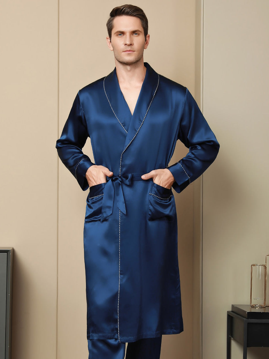 SilkSilky AU Pure Silk Long Sleeve Lapel Men's Dressing Gown DarkBlue 001