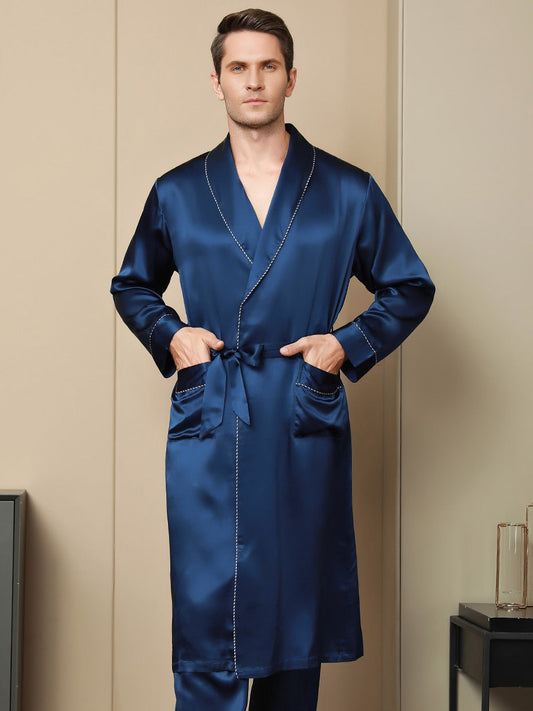 Pure Silk Contrast Piping Belted Robe (Without Pants)