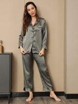 [Grayish Green] SilkSilky-AU Pure Silk Long Sleeve Notch Collar Women's Pyjamas 004