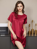 SilkSilky AU Pure Silk Short Sleeve Round Neck Nightgown Wine 001