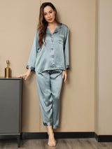 [Steel Blue] SilkSilky-AU Long Sleeve Lapel Collar Women's Pyjamas 002