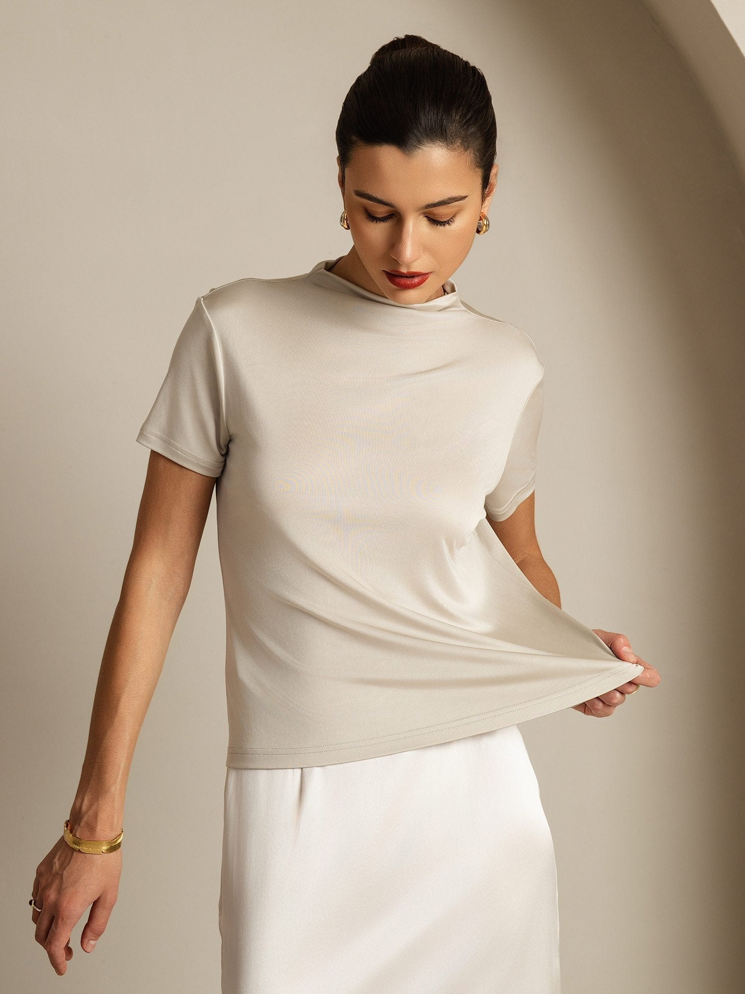 [Gray] SilkSilky-AU Pure Silk Collar Women's T-Shirt 003