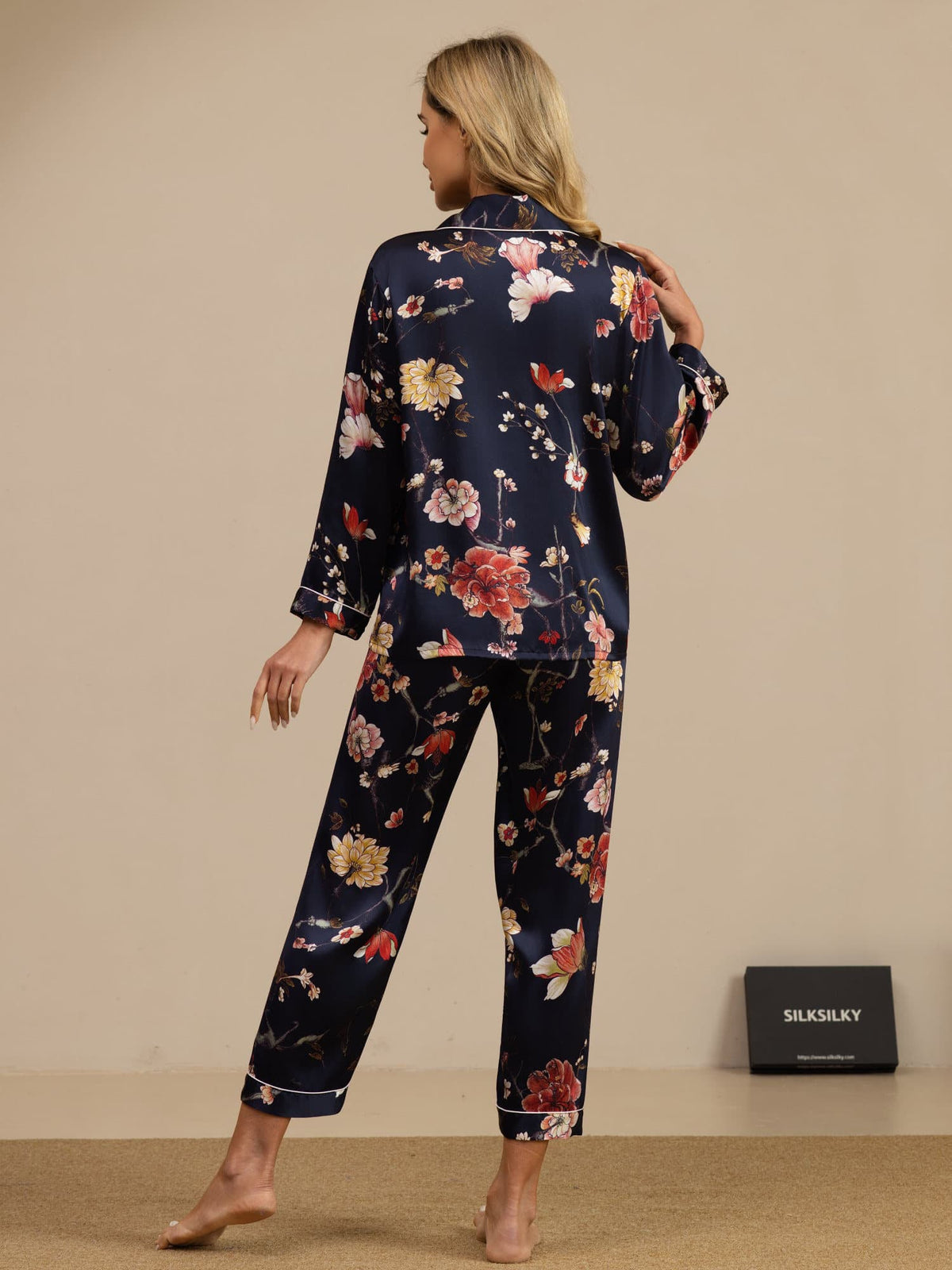 [Navy Floral] SilkSilky-AU Long Sleeve Lapel Collar Women's Pyjamas 002