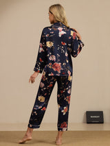 [Navy Floral] SilkSilky-AU Long Sleeve Lapel Collar Women's Pyjamas 002