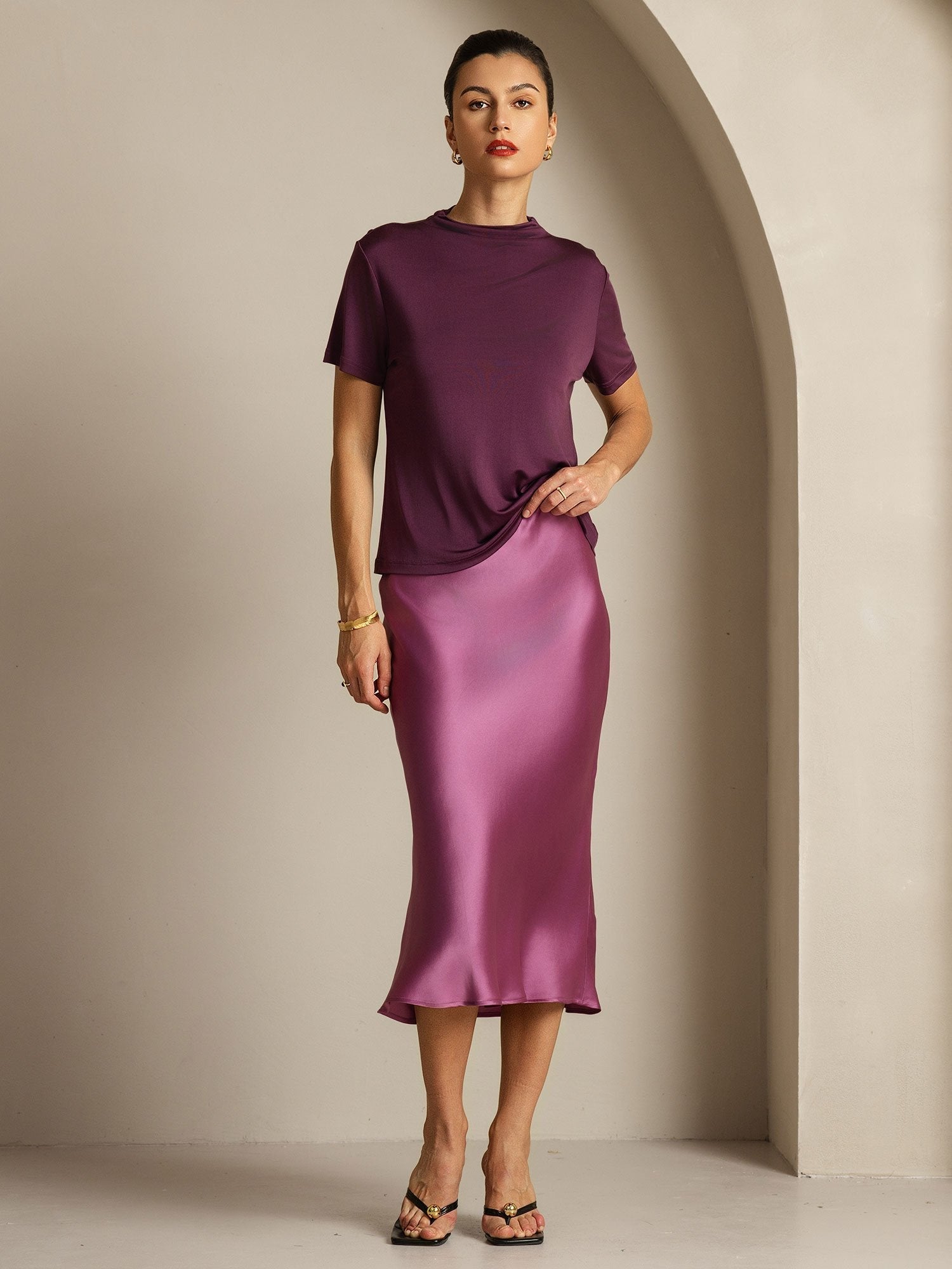 [Purple] SilkSilky-AU Pure Silk Collar Women's T-Shirt 007