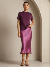 [Purple] SilkSilky-AU 100% Silk Jersey Short Sleeve Mock Neck Women's T-Shirt 007