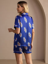 [Navy Seahorse] SilkSilky-AU Short Sleeve Lapel Collar Women's Pyjamas 002