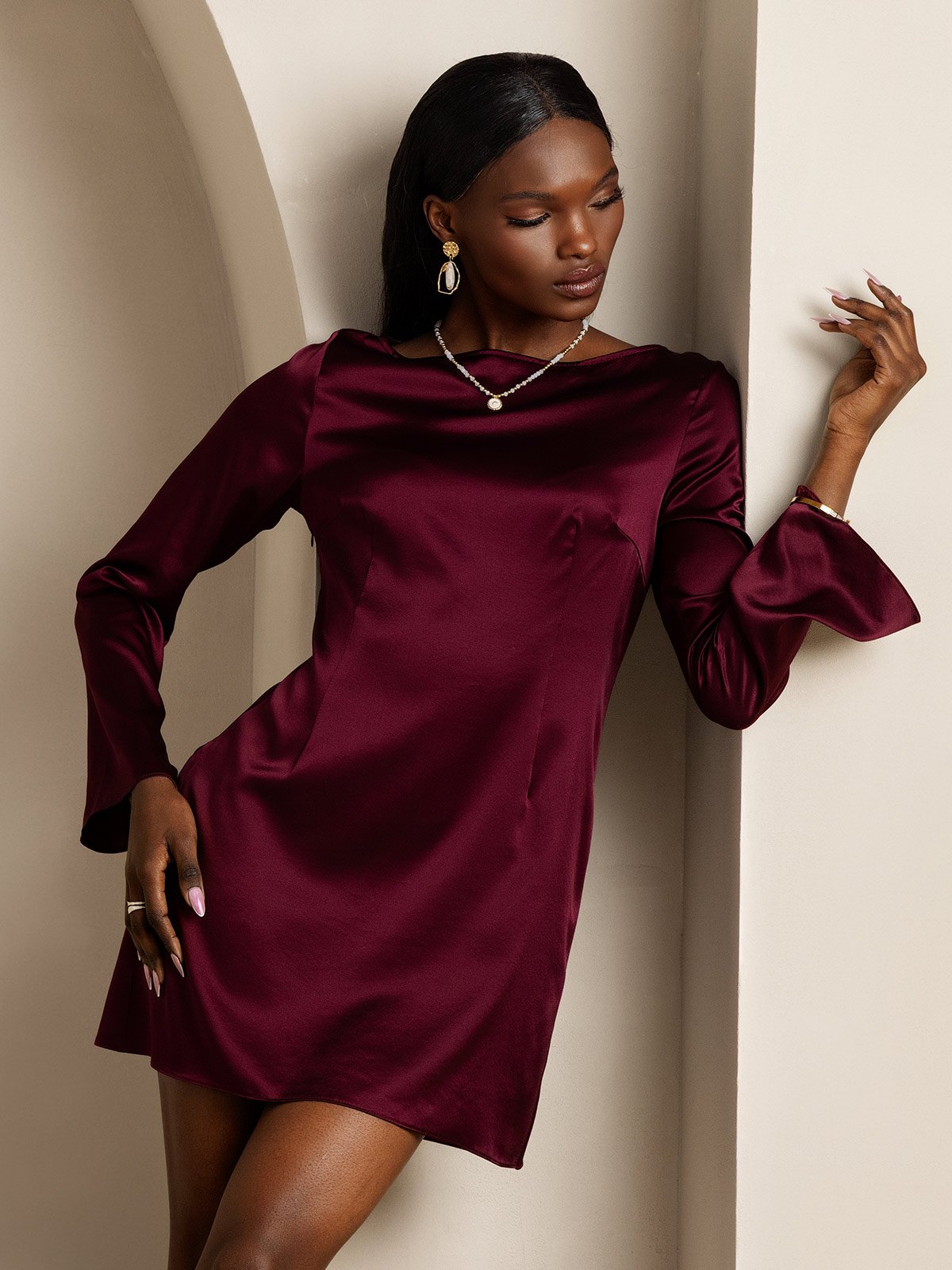 SilkSilky-AU 19Momme Silk Long Sleeve Boat Neck Dress DarkRed 001