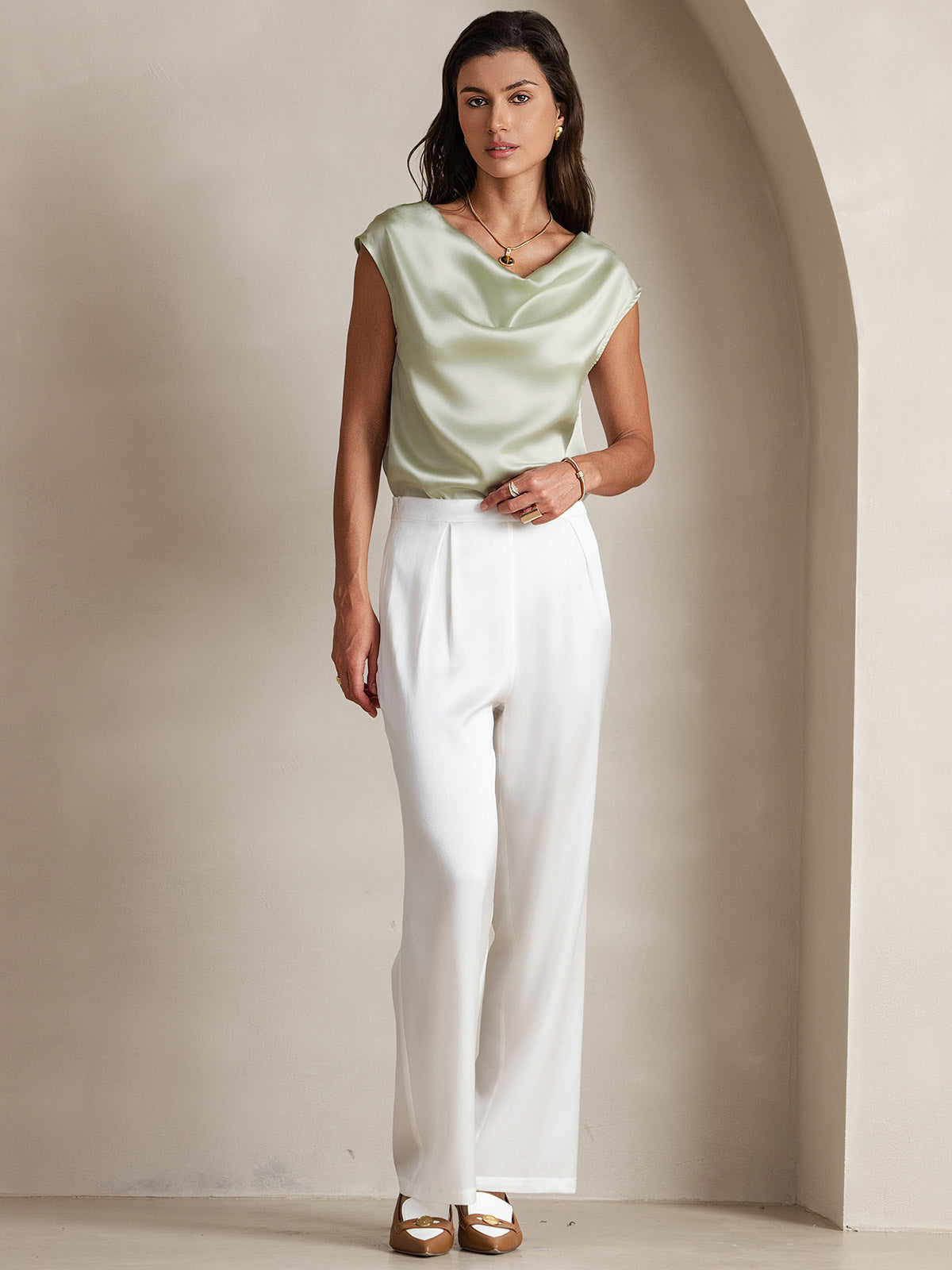 [Light Green] SilkSilky-AU 19Momme Silk Sleeveless Cowl Neck Women's T-Shirt 007