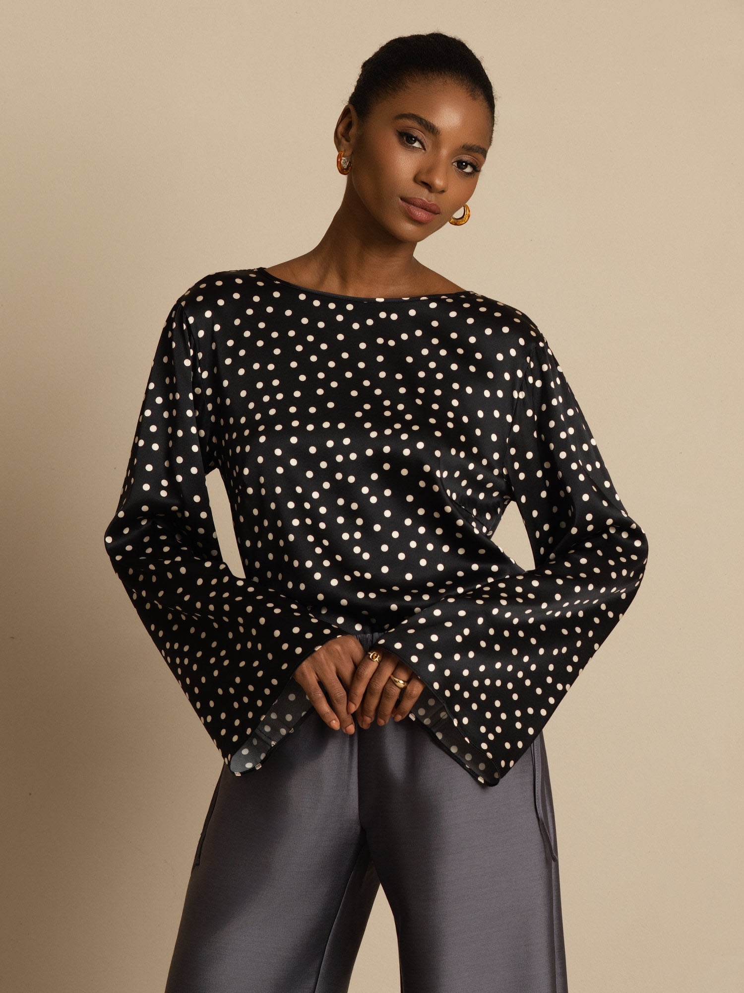 [Polka Dot] SilkSilky-AU 19Momme Silk Long Sleeve Round Neck Blouse 001