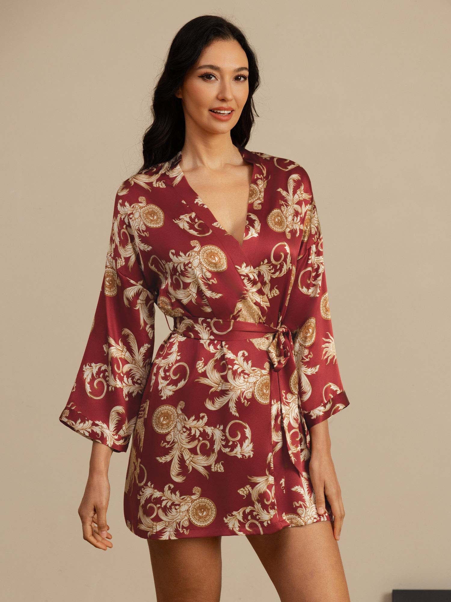 [Wine Dragon] SilkSilky-AU 3/4 Sleeve V Neck Women's Dressing Gown 004