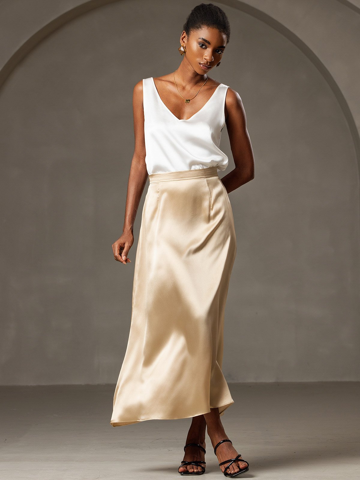 [Champagne] SilkSilky-AU 19Momme Stretch Silk Charmeuse Skirt 003