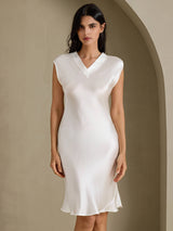 [White] SilkSilky-AU Cap Sleeve V Neck Dress 003