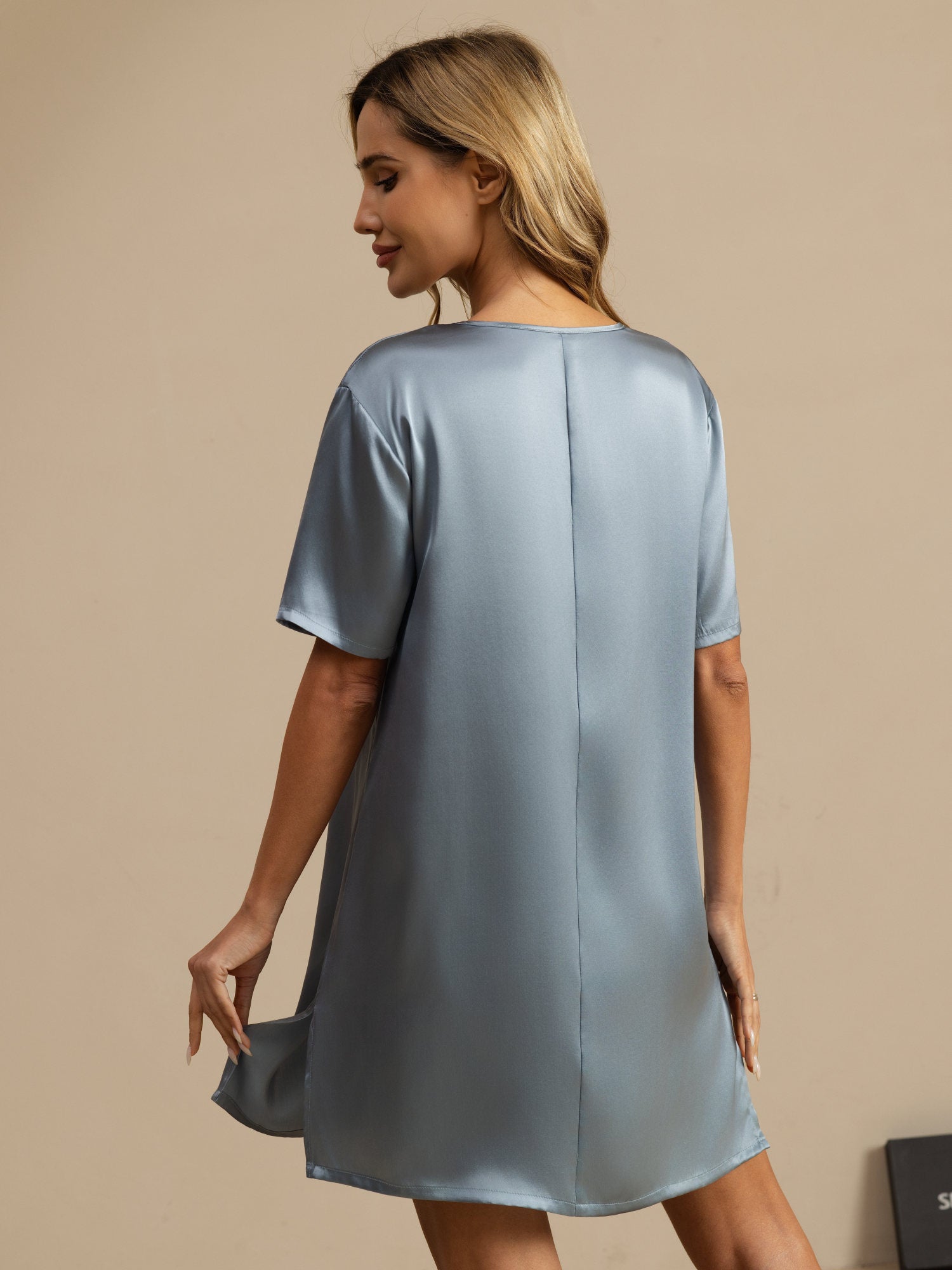 [Grayish Blue] SilkSilky-AU Half Sleeve V Neck Nightgown 002