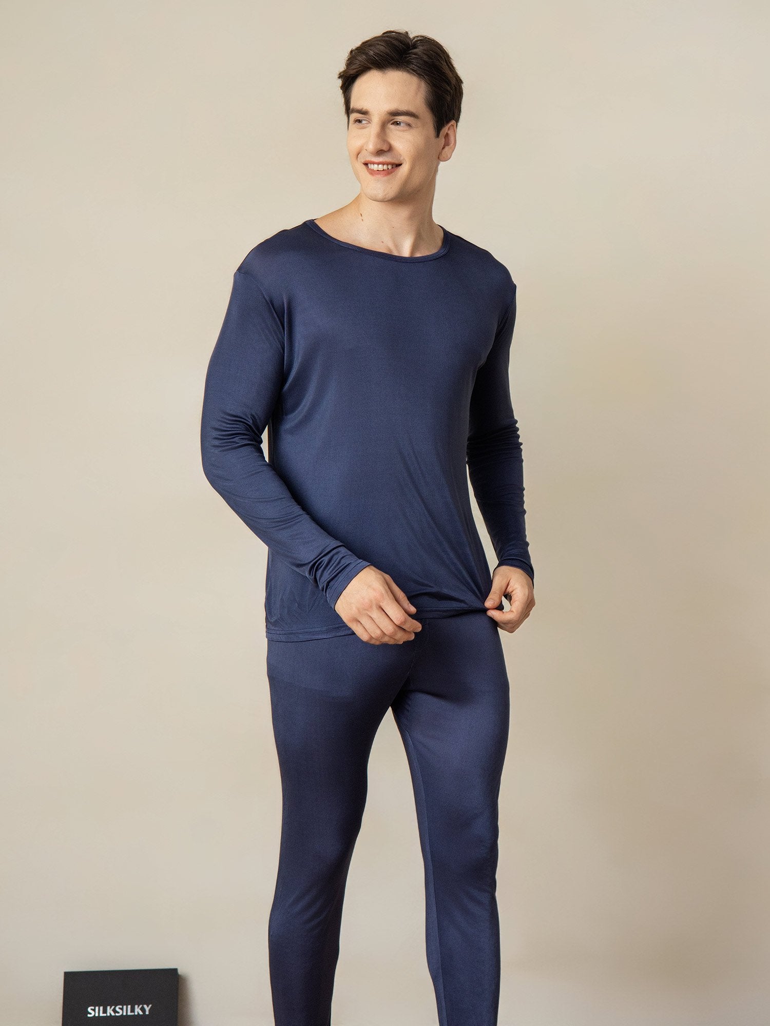 [DarkBlue] SilkSilky-AU Silk Knitted Round Neck Men's Pyjamas 002
