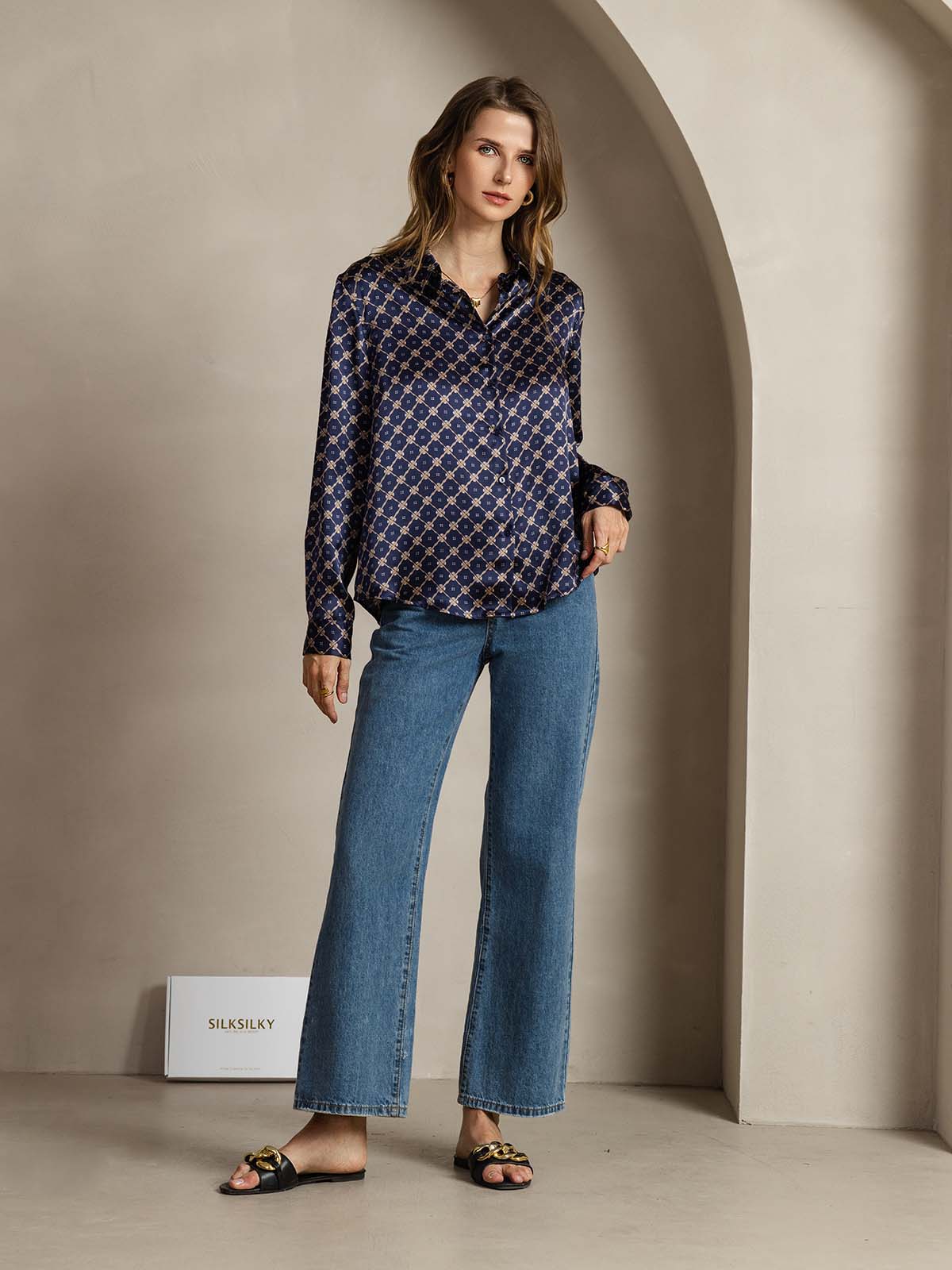 [Navy Chain] SilkSilky-AU Silk Long Sleeve Lapel Collar Women's Shirt 003