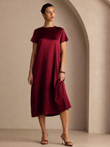 [Dark Red] SilkSilky-AU Short Sleeve Crew Neck Dress 001