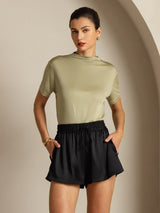 [Dried Herb] SilkSilky-AU 100% Silk Jersey Short Sleeve Mock Neck Women's T-Shirt 008