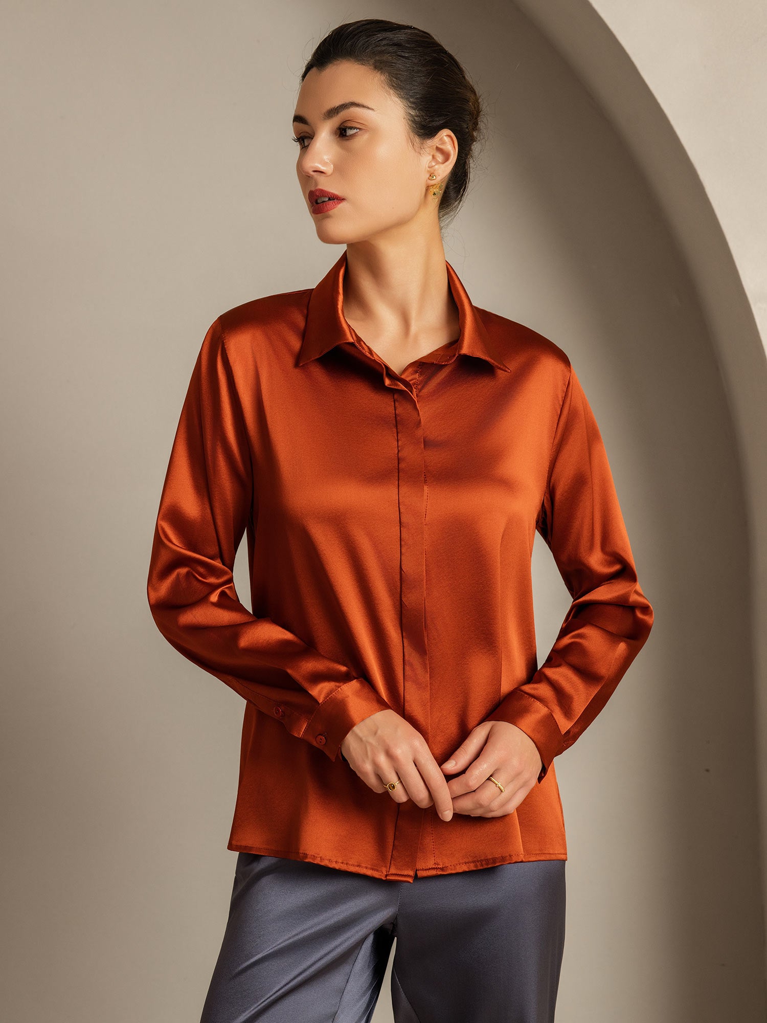 [Caramel] SilkSilky-AU 19Momme Silk Lapel Collar Women's Shirt 001