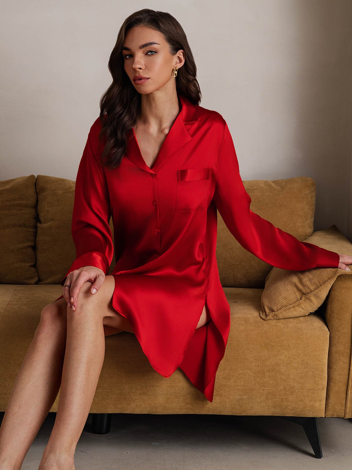 [Red] SilkSilky-AU Pure Silk Lapel Collar Nightgown 007