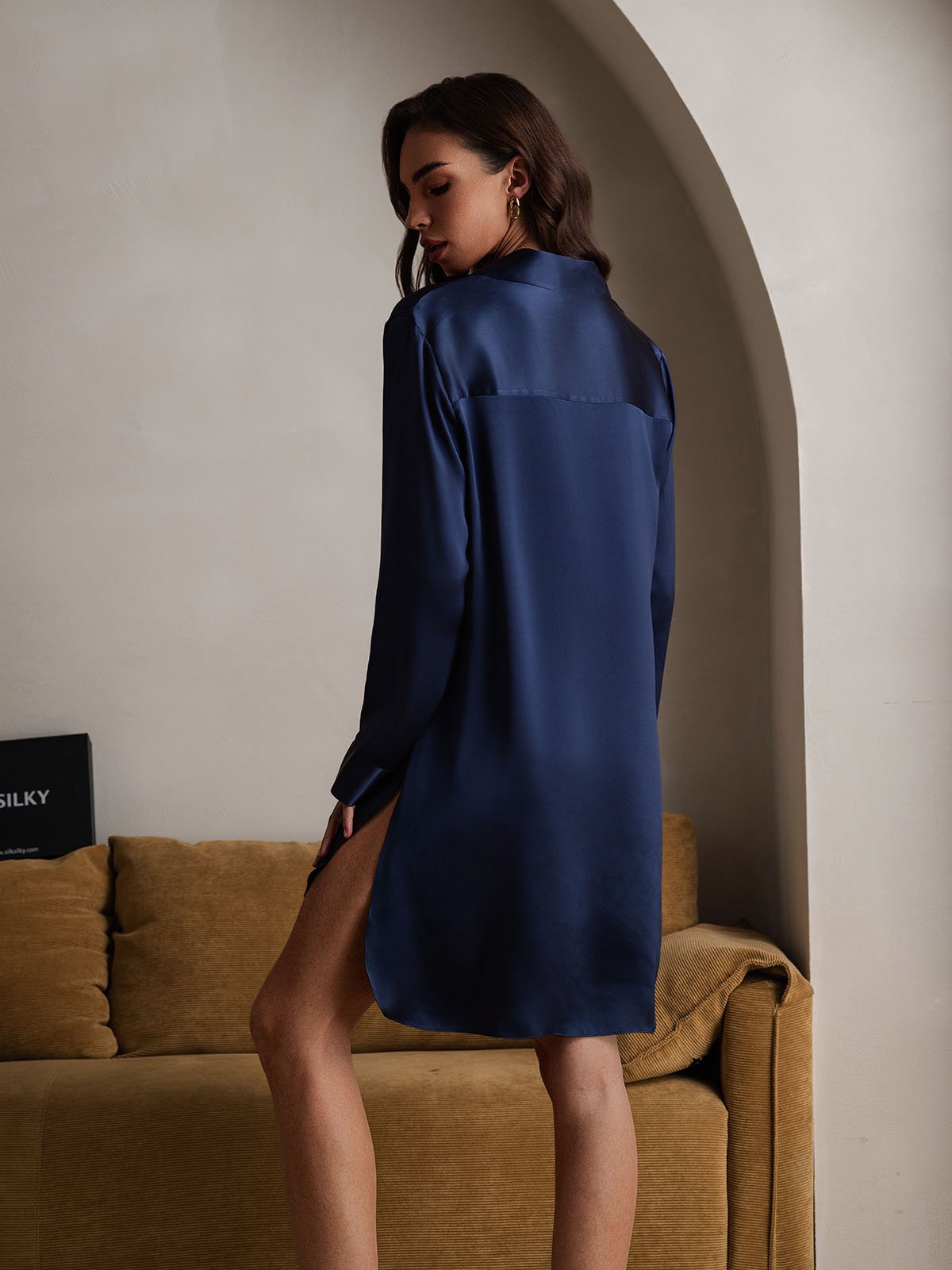 [DarkBlue] SilkSilky-AU Pure Silk Lapel Collar Nightgown 002