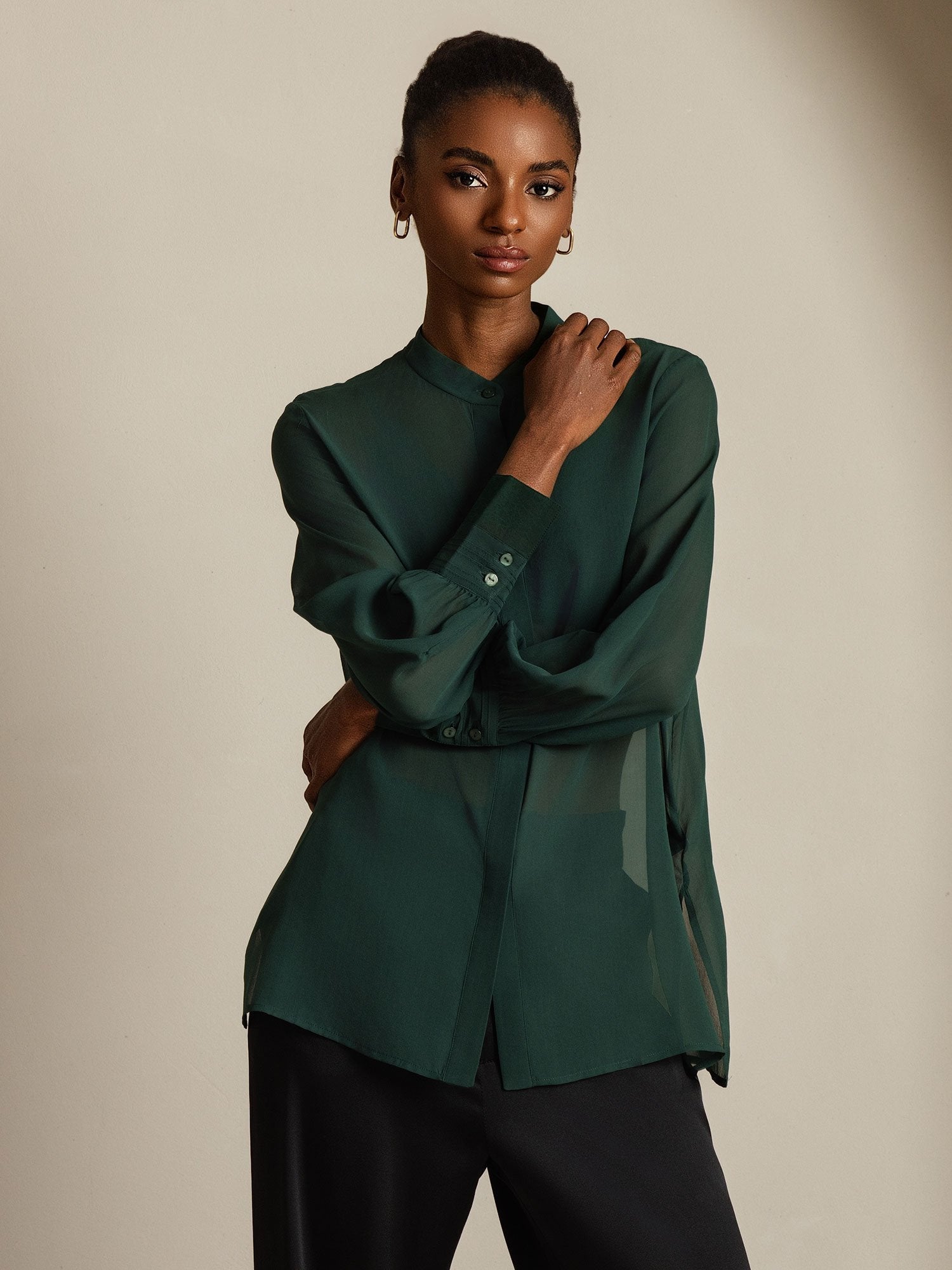 [Dark Green] SilkSilky-AU Pure Silk Split Women's Shirt 003