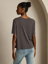 [Gray] SilkSilky-AU 100% High-Twist Silk Jersey Short Sleeve V Neck Women's T-Shirt 002