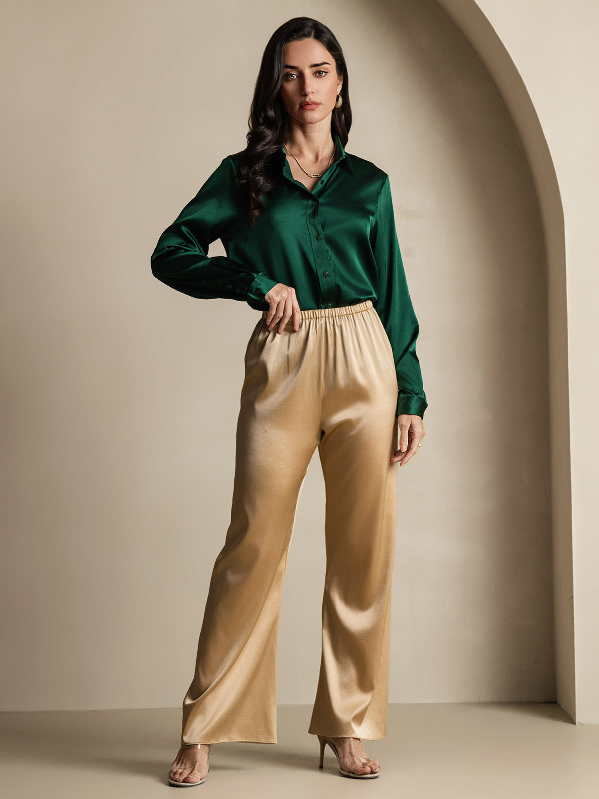 [Dark Green] SilkSilky-AU 19Momme Stretch Silk Charmeuse Long Sleeve Lapel Collar Women's Shirt 009