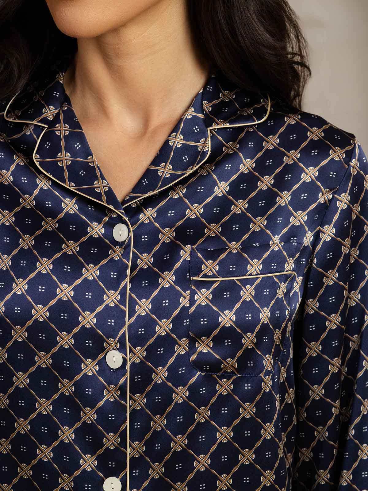 [Navy Chain] SilkSilky-AU Pure Silk Womens Pajamas 006